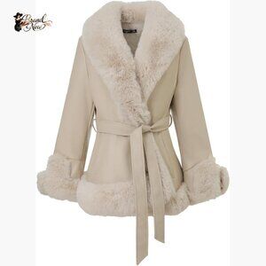 Cropped Faux Fur Coat with Faux Leather Trim, Open Front Jacket